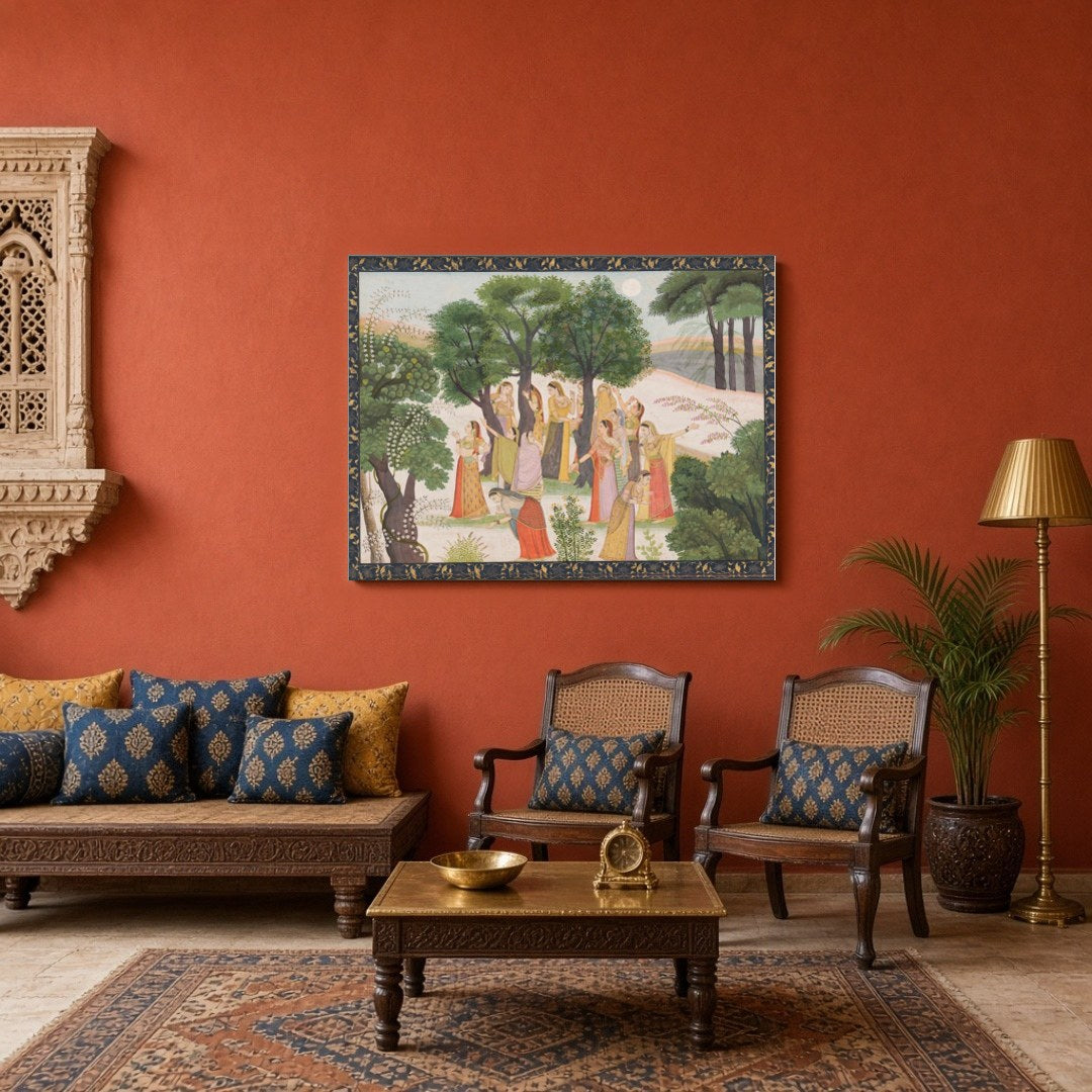 Step into the tranquil beauty of a moonlit garden where elegant court ladies grace the landscape for Sitting Area