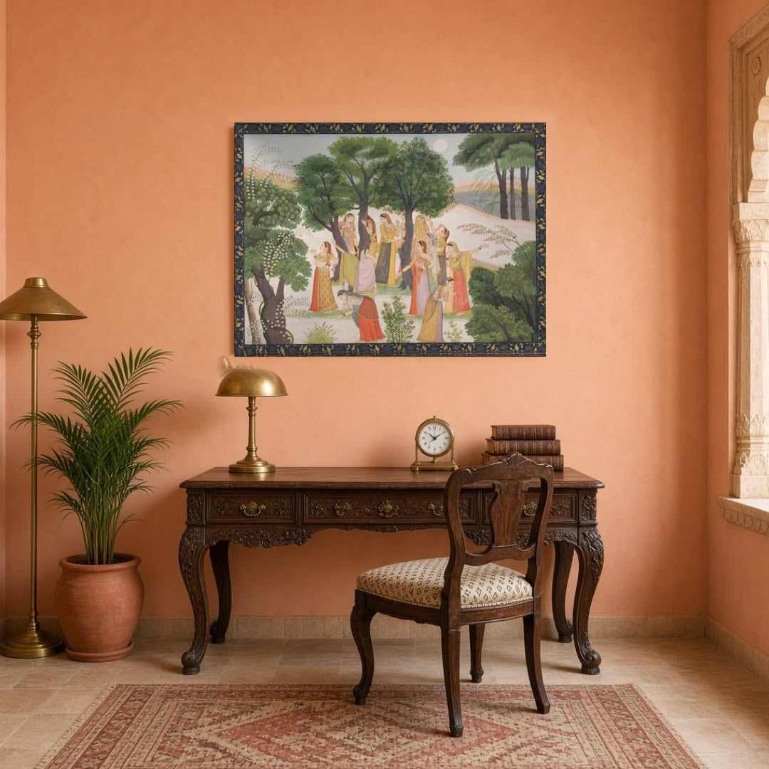 Step into the tranquil beauty of a moonlit garden where elegant court ladies grace the landscape for Study
