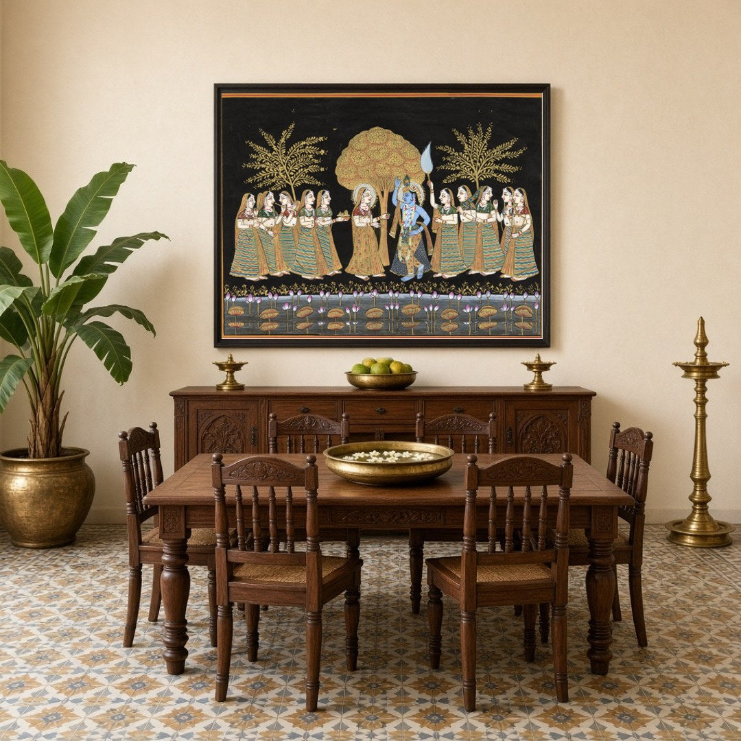 Experience the serene beauty of Radha and Krishna amidst a moonlit Pichwai landscape. This for Dining