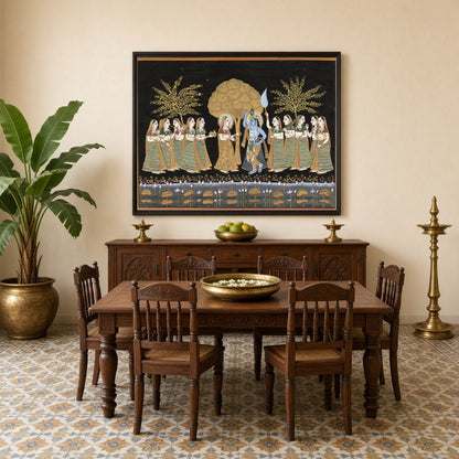Experience the serene beauty of Radha and Krishna amidst a moonlit Pichwai landscape. This for Dining