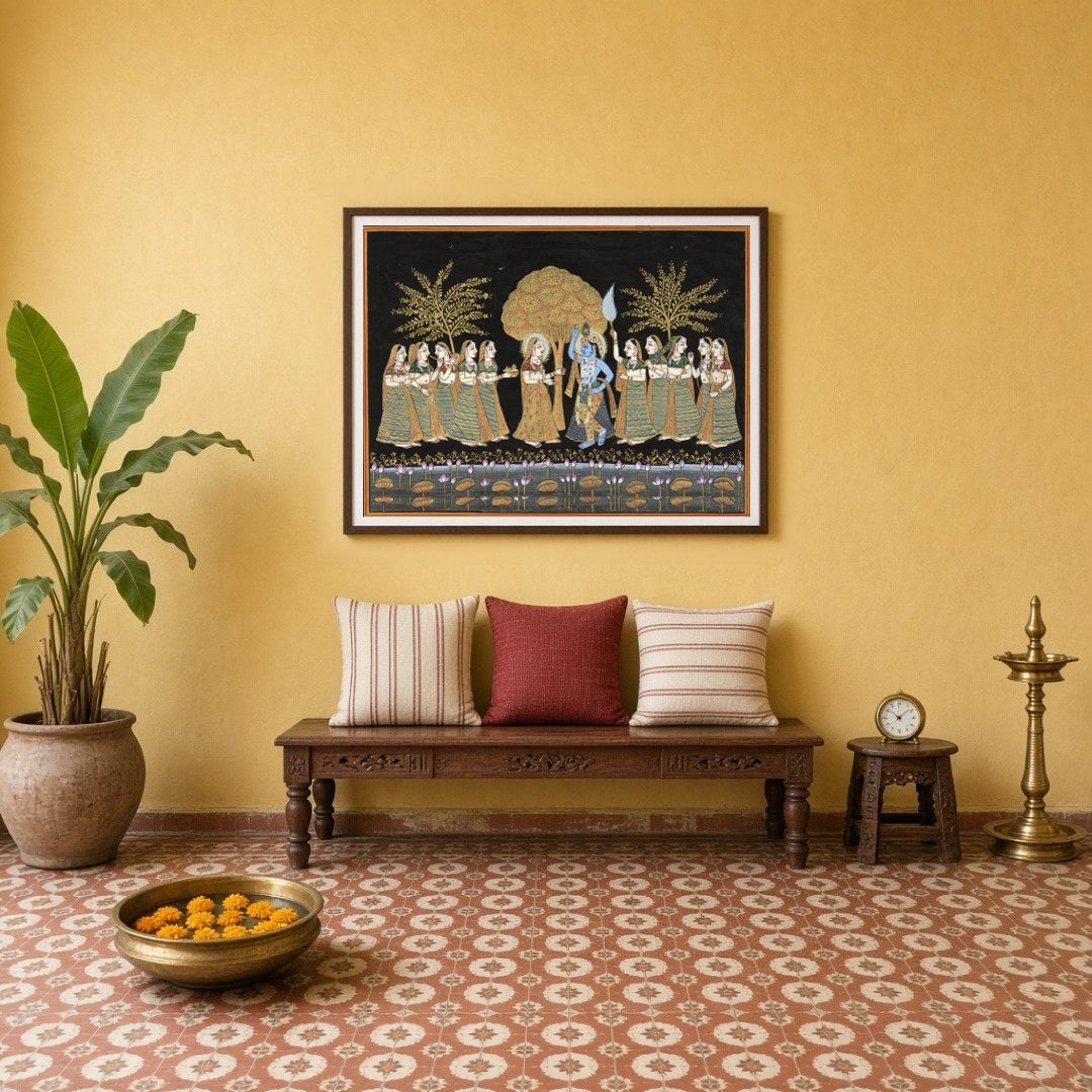 Experience the serene beauty of Radha and Krishna amidst a moonlit Pichwai landscape. This for Entrance