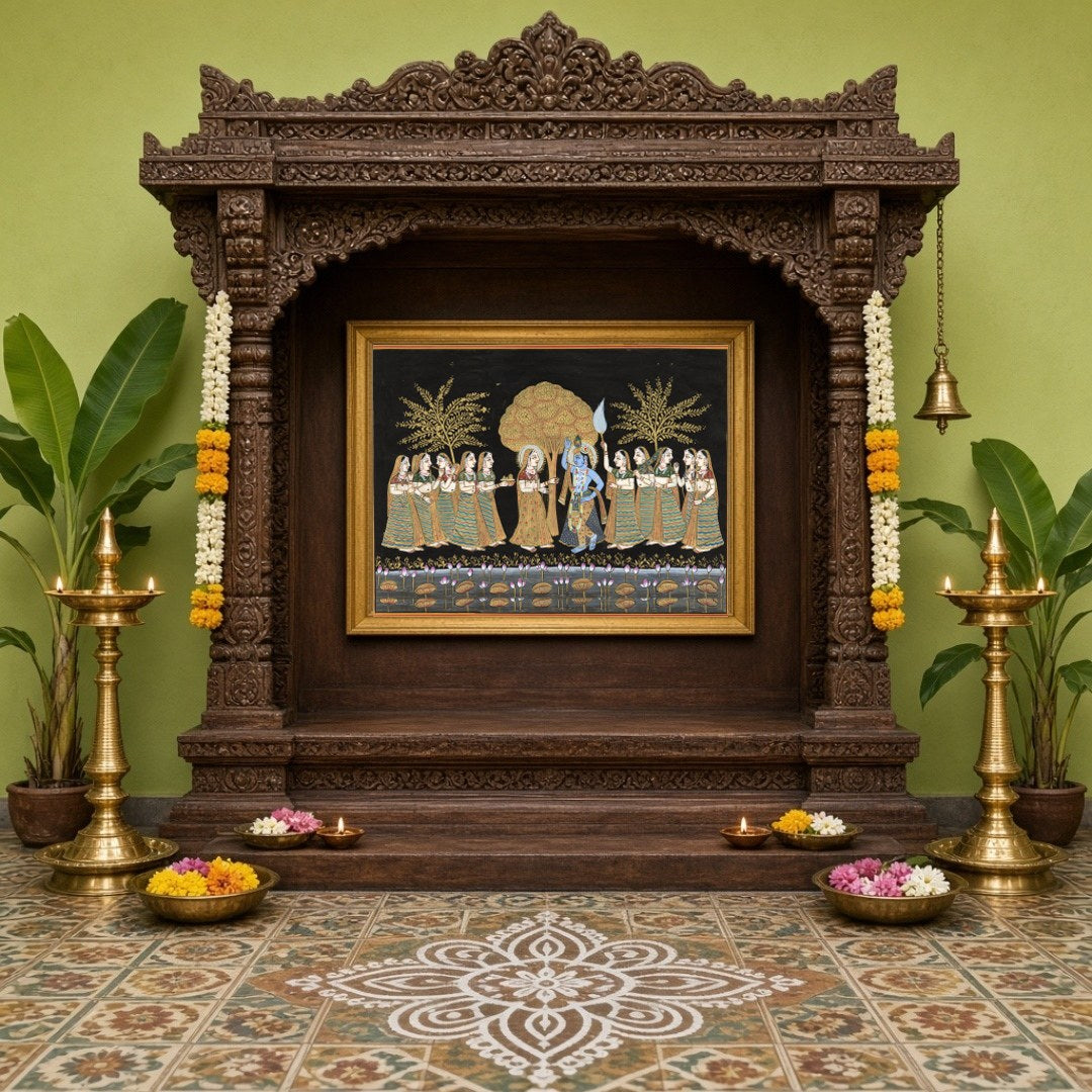 Experience the serene beauty of Radha and Krishna amidst a moonlit Pichwai landscape. This for Home Temple