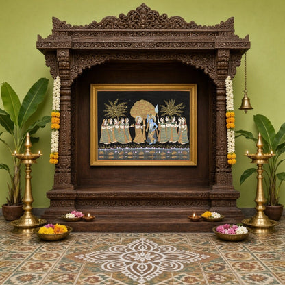 Experience the serene beauty of Radha and Krishna amidst a moonlit Pichwai landscape. This for Home Temple