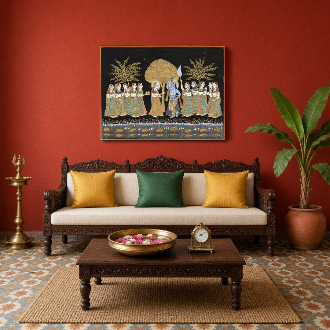 Experience the serene beauty of Radha and Krishna amidst a moonlit Pichwai landscape. This for Living Room