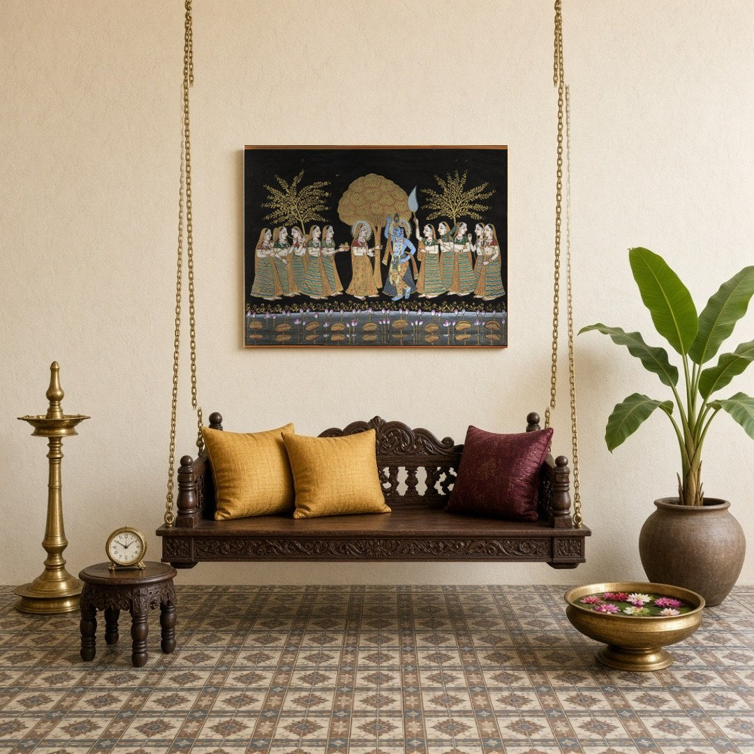 Experience the serene beauty of Radha and Krishna amidst a moonlit Pichwai landscape. This for Sitting Lounge