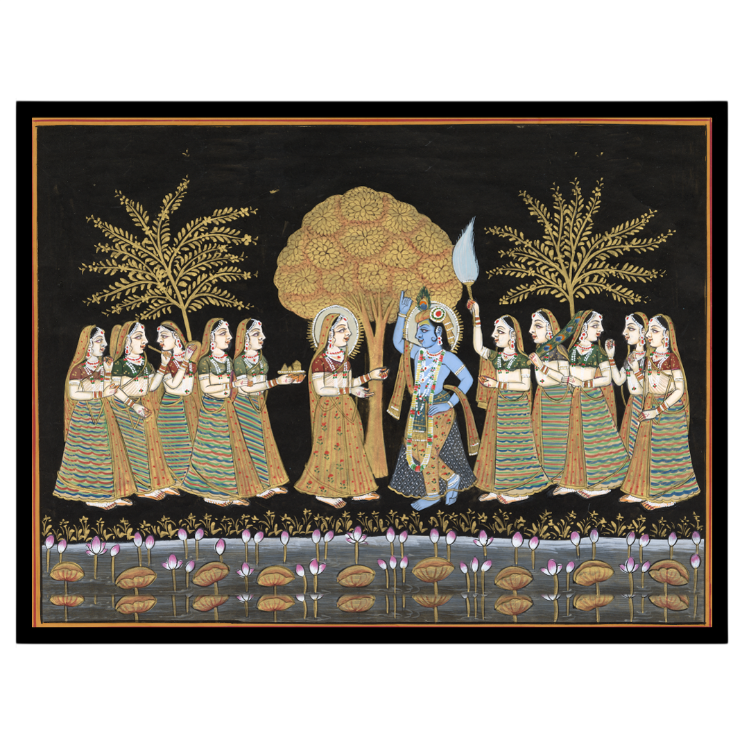 Experience the serene beauty of Radha and Krishna amidst a moonlit Pichwai landscape. This for sweet-home