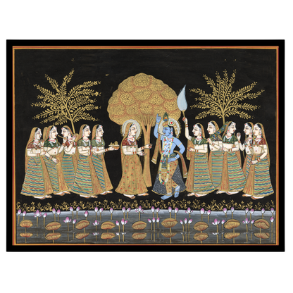 Experience the serene beauty of Radha and Krishna amidst a moonlit Pichwai landscape. This for sweet-home