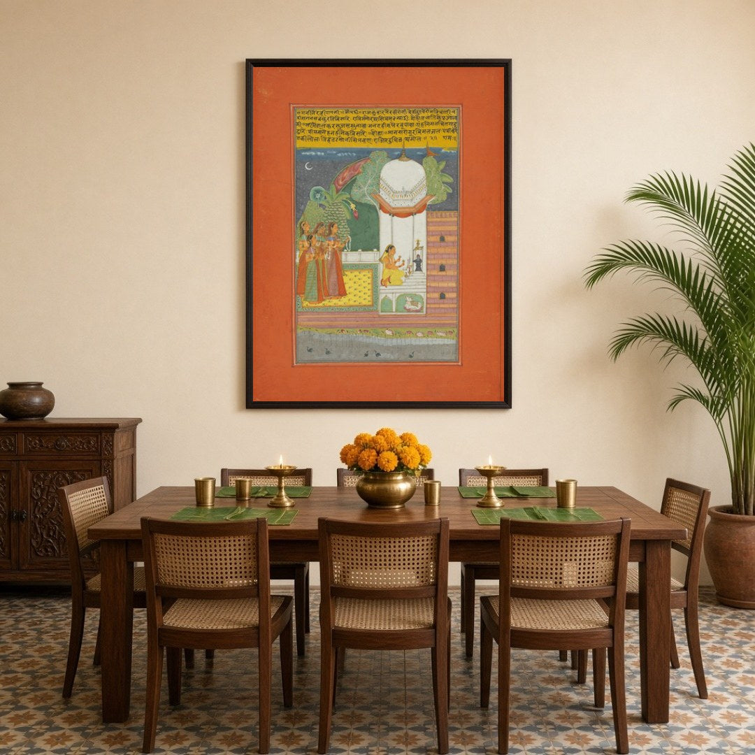 Experience the serene beauty of devotion under moonlight with this exquisite Ragamala art piece. A for Dining