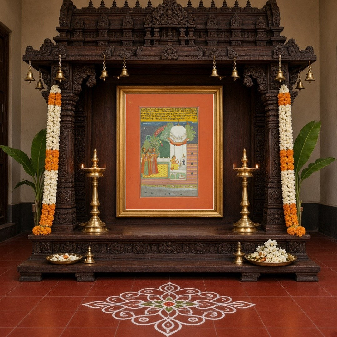 Experience the serene beauty of devotion under moonlight with this exquisite Ragamala art piece. A for Home Temple