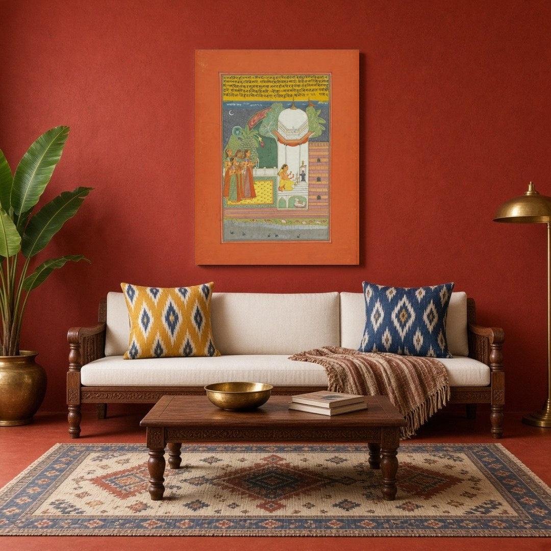 Experience the serene beauty of devotion under moonlight with this exquisite Ragamala art piece. A for Living Room