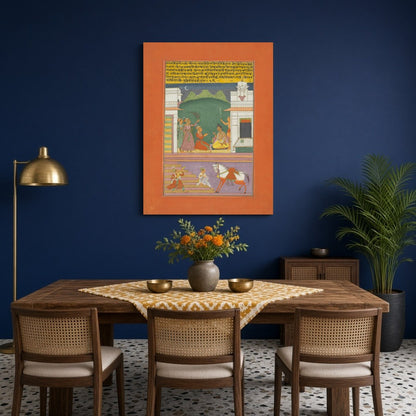 Immerse yourself in this exquisite Ragamala painting, capturing a serene moonlit gathering of for Dining