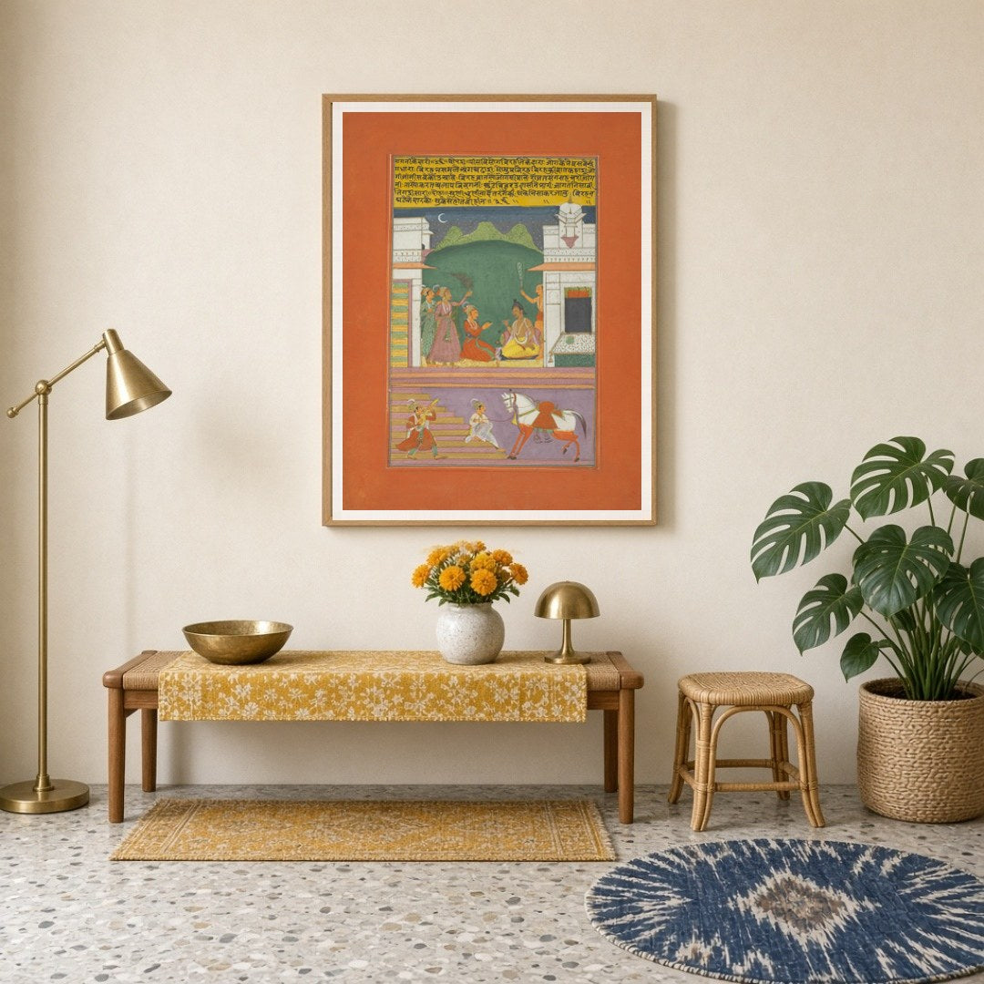 Immerse yourself in this exquisite Ragamala painting, capturing a serene moonlit gathering of for Entrance