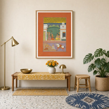 Immerse yourself in this exquisite Ragamala painting, capturing a serene moonlit gathering of for Entrance
