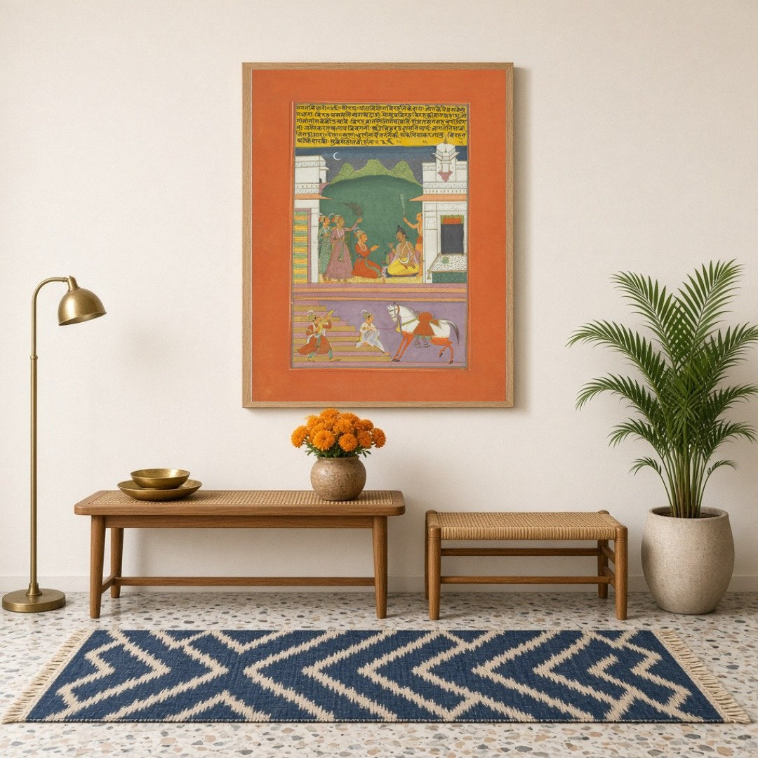 Immerse yourself in this exquisite Ragamala painting, capturing a serene moonlit gathering of for Hallway