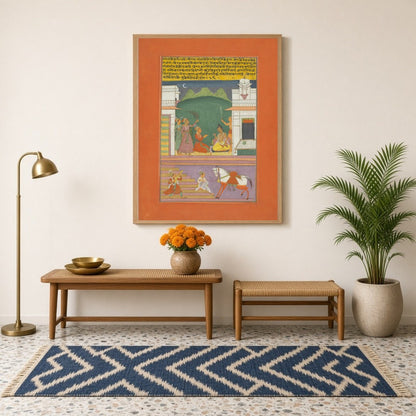 Immerse yourself in this exquisite Ragamala painting, capturing a serene moonlit gathering of for Hallway