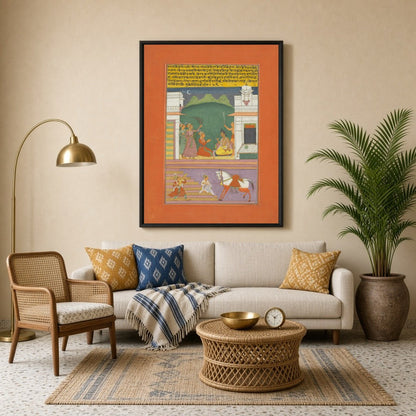 Immerse yourself in this exquisite Ragamala painting, capturing a serene moonlit gathering of for Living Room