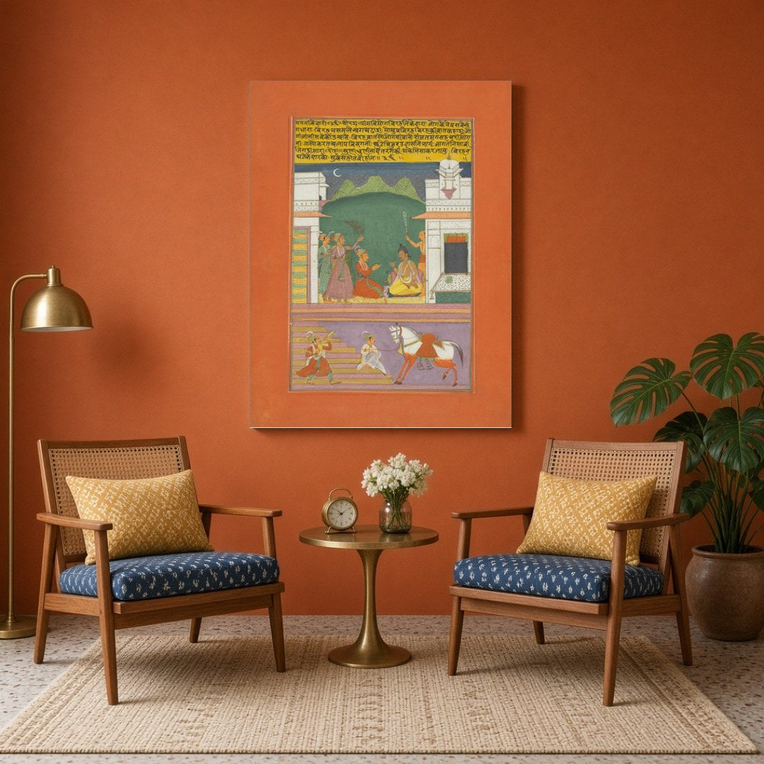 Immerse yourself in this exquisite Ragamala painting, capturing a serene moonlit gathering of for Sitting Area