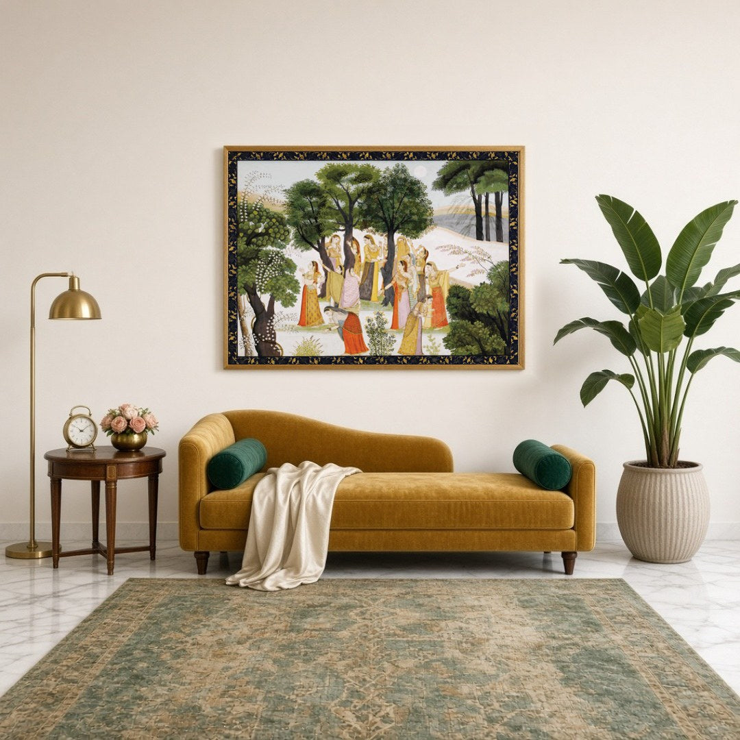 Experience the serene beauty of the moonlit forest as the Gopis embark on their divine search for for Sitting Lounge