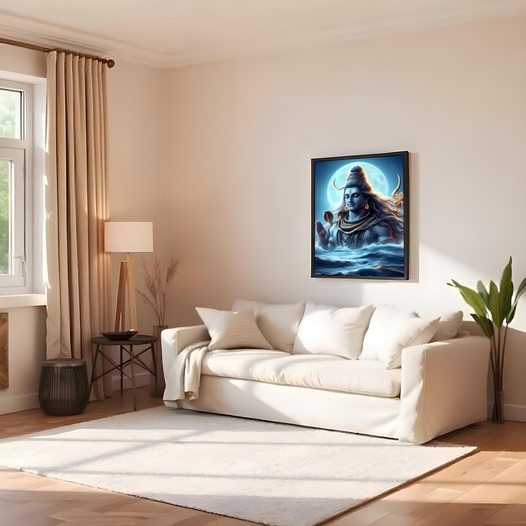 This mesmerizing artwork captures the divine presence of Shiva against a moonlit backdrop, exuding for Family Room