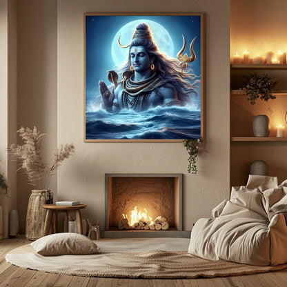 This mesmerizing artwork captures the divine presence of Shiva against a moonlit backdrop, exuding for Hall