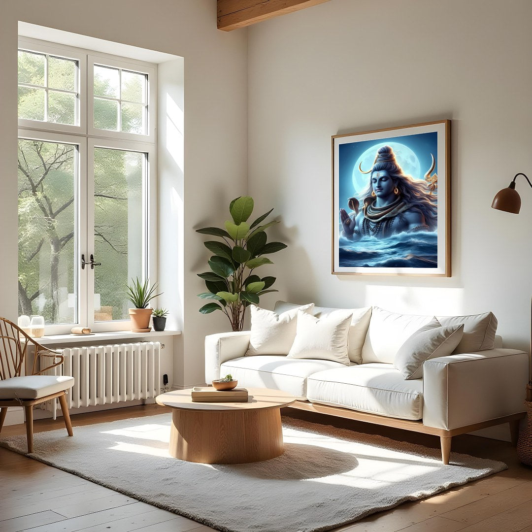 This mesmerizing artwork captures the divine presence of Shiva against a moonlit backdrop, exuding for Living Room