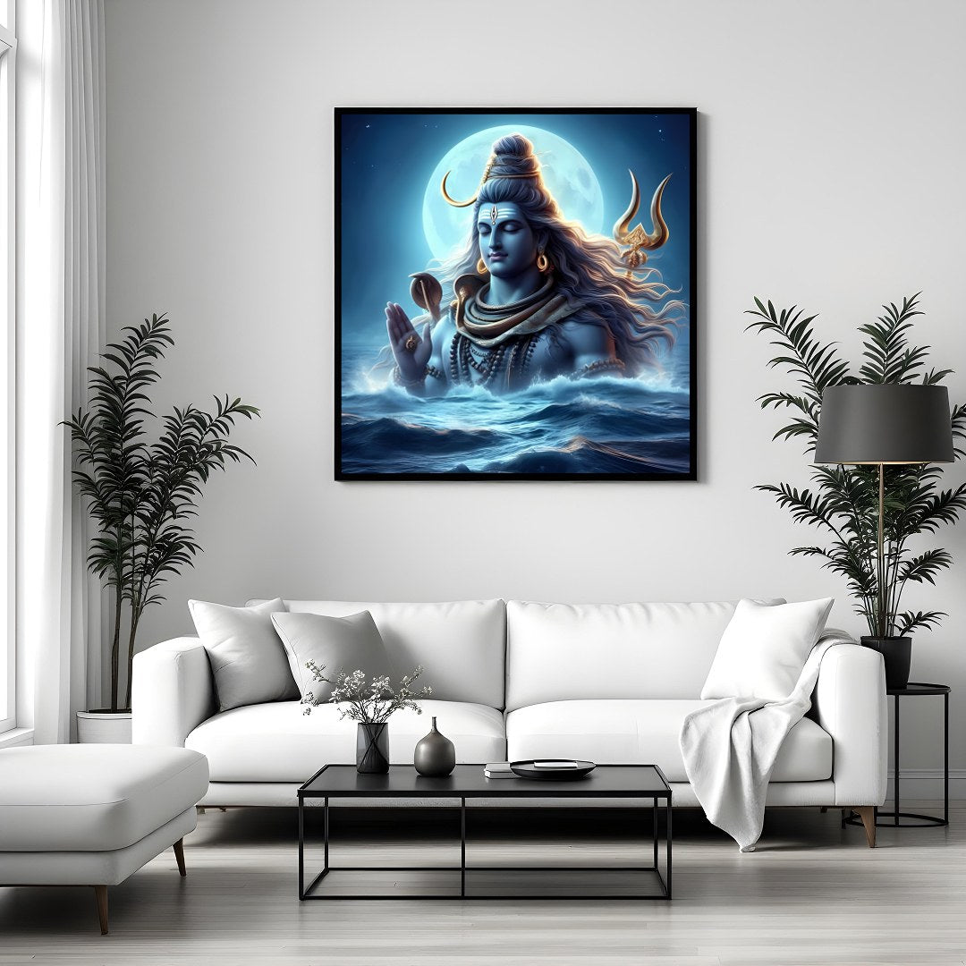 This mesmerizing artwork captures the divine presence of Shiva against a moonlit backdrop, exuding for Sitting Area