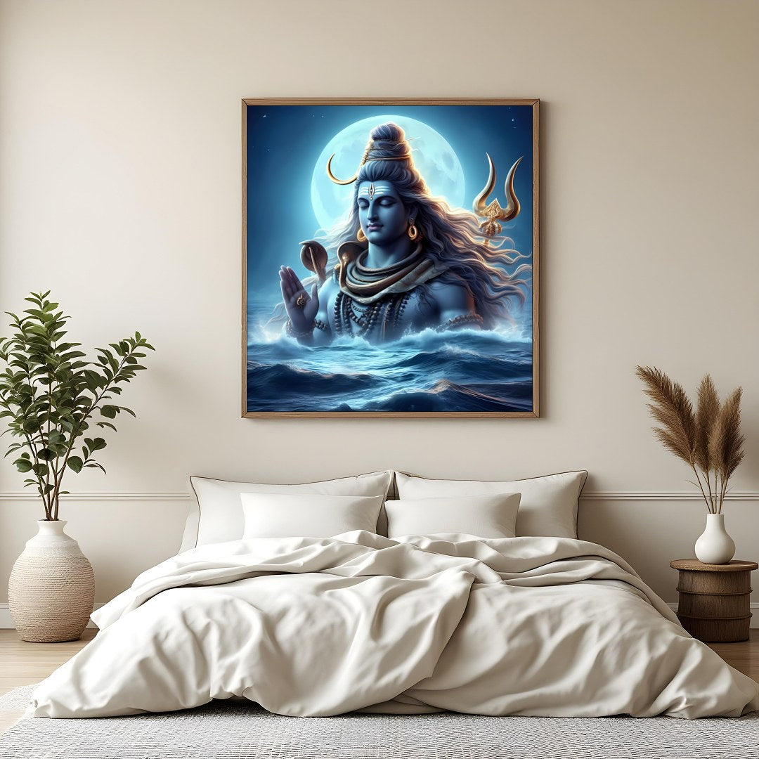 This mesmerizing artwork captures the divine presence of Shiva against a moonlit backdrop, exuding for Bedroom