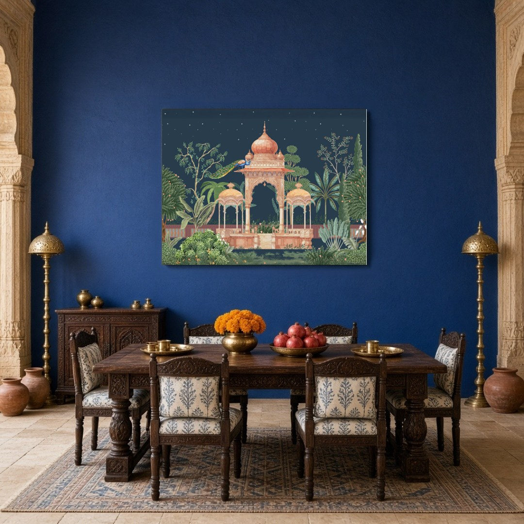 Experience the enchanting beauty of Mughal architecture enveloped in a lush, moonlit garden. This for Dining