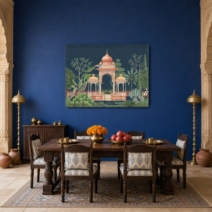 Experience the enchanting beauty of Mughal architecture enveloped in a lush, moonlit garden. This for Dining