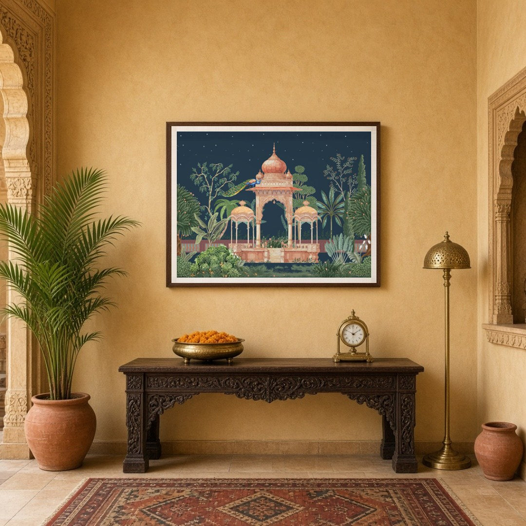 Experience the enchanting beauty of Mughal architecture enveloped in a lush, moonlit garden. This for Entrance