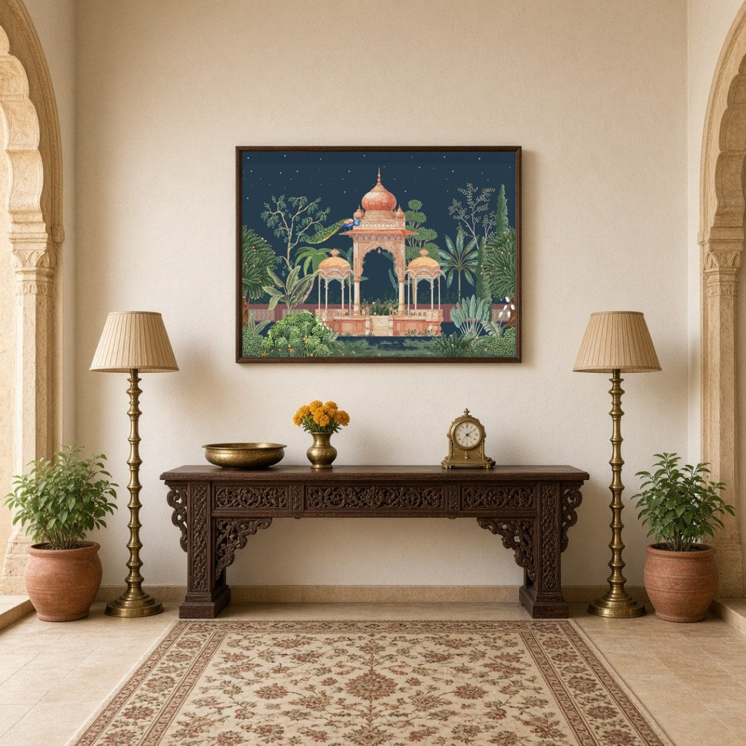 Experience the enchanting beauty of Mughal architecture enveloped in a lush, moonlit garden. This for Hallway