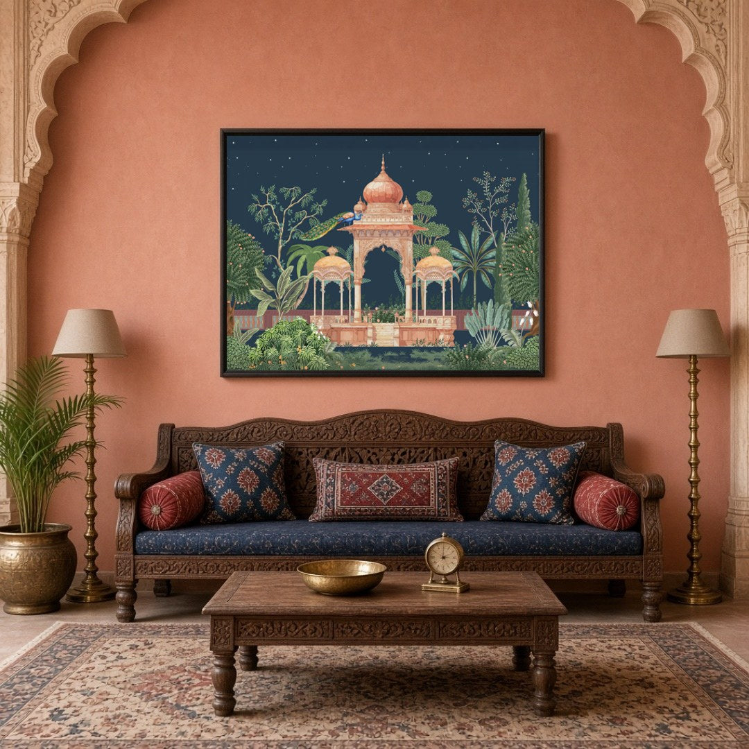 Experience the enchanting beauty of Mughal architecture enveloped in a lush, moonlit garden. This for Living Room