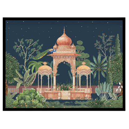 Experience the enchanting beauty of Mughal architecture enveloped in a lush, moonlit garden. This for residence