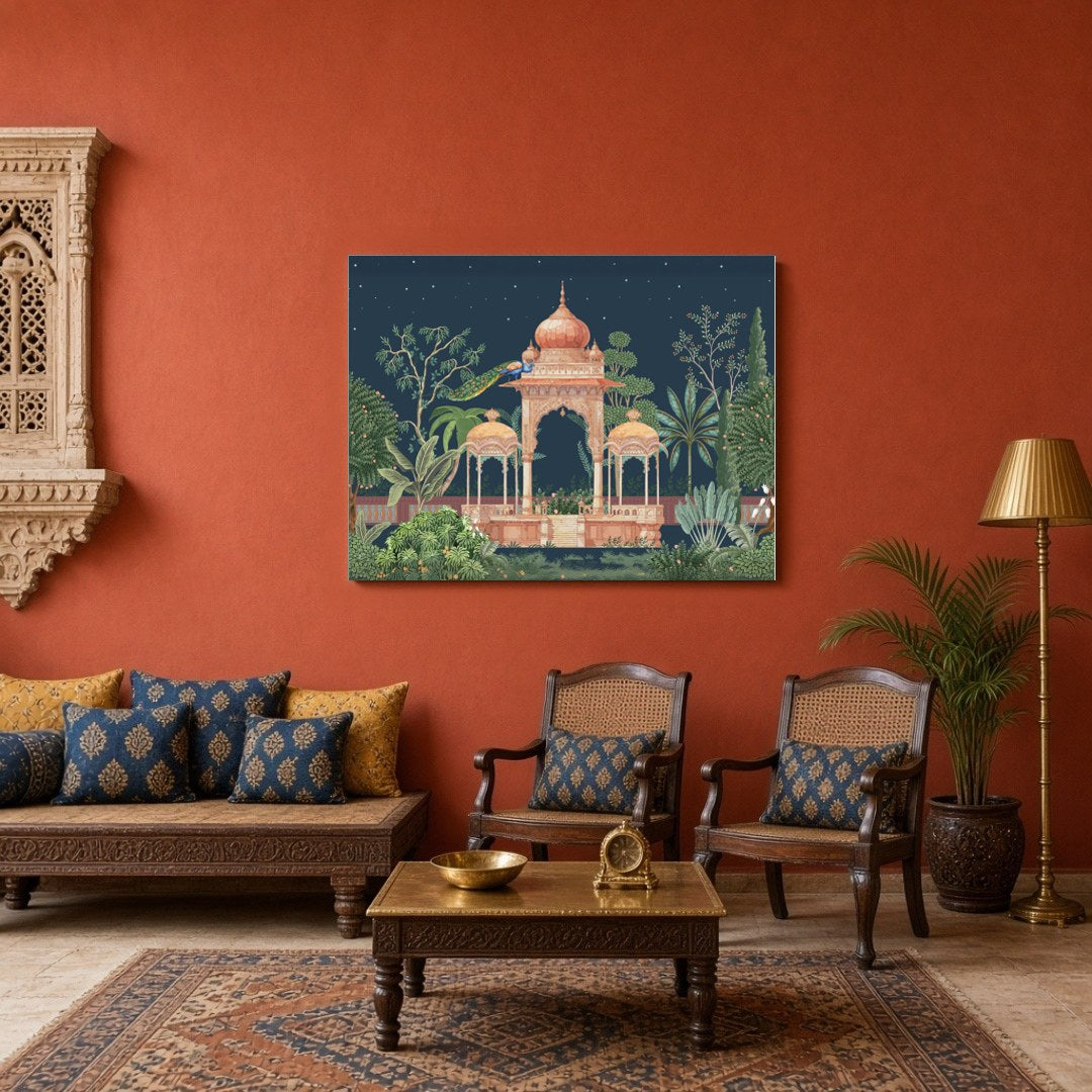 Experience the enchanting beauty of Mughal architecture enveloped in a lush, moonlit garden. This for Sitting Area
