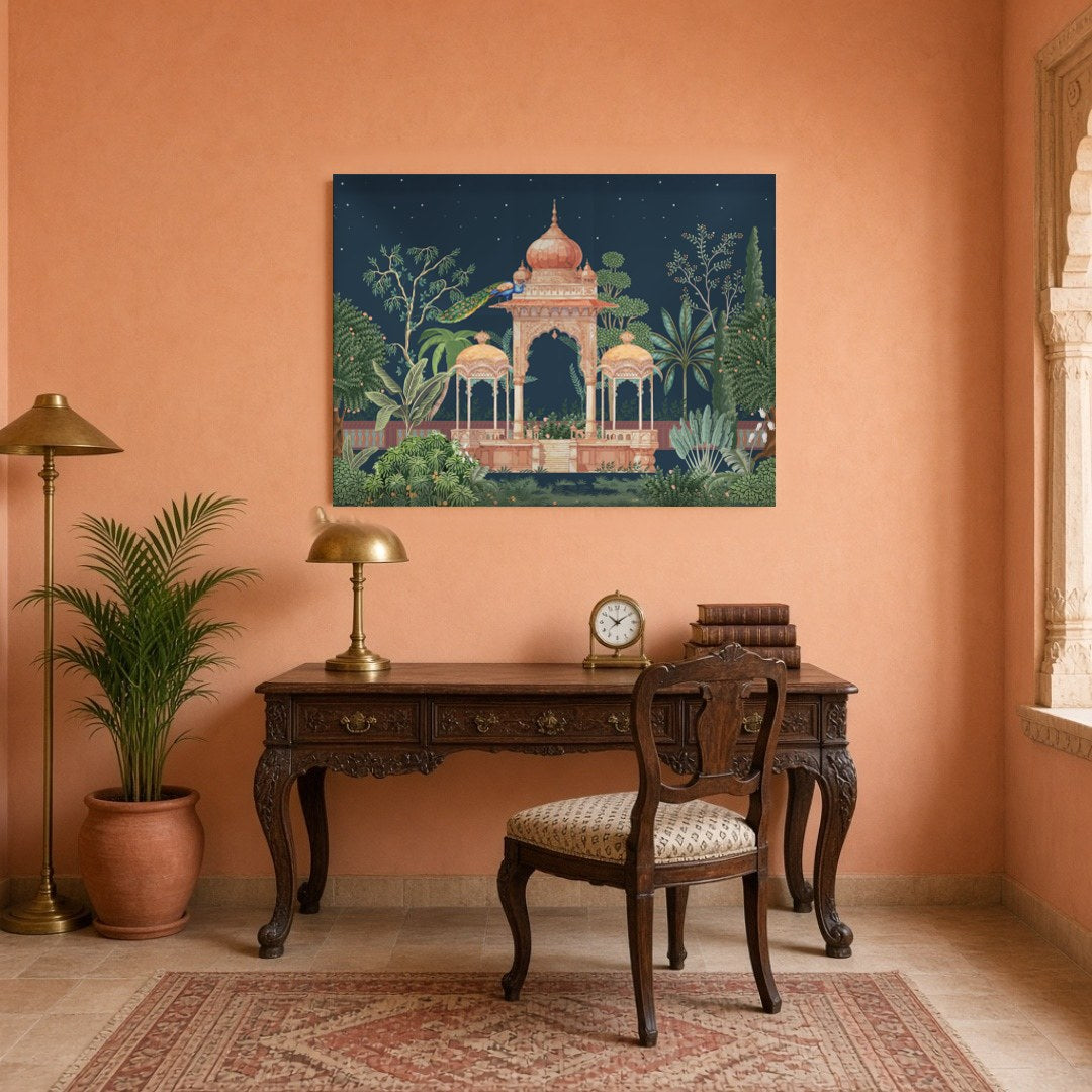 Experience the enchanting beauty of Mughal architecture enveloped in a lush, moonlit garden. This for Study