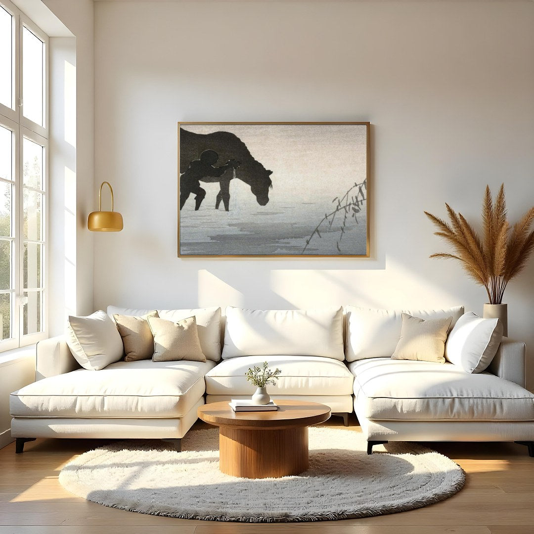 Immerse yourself in the serene elegance of this enchanting artwork, where a lone figure accompanies for Living Room