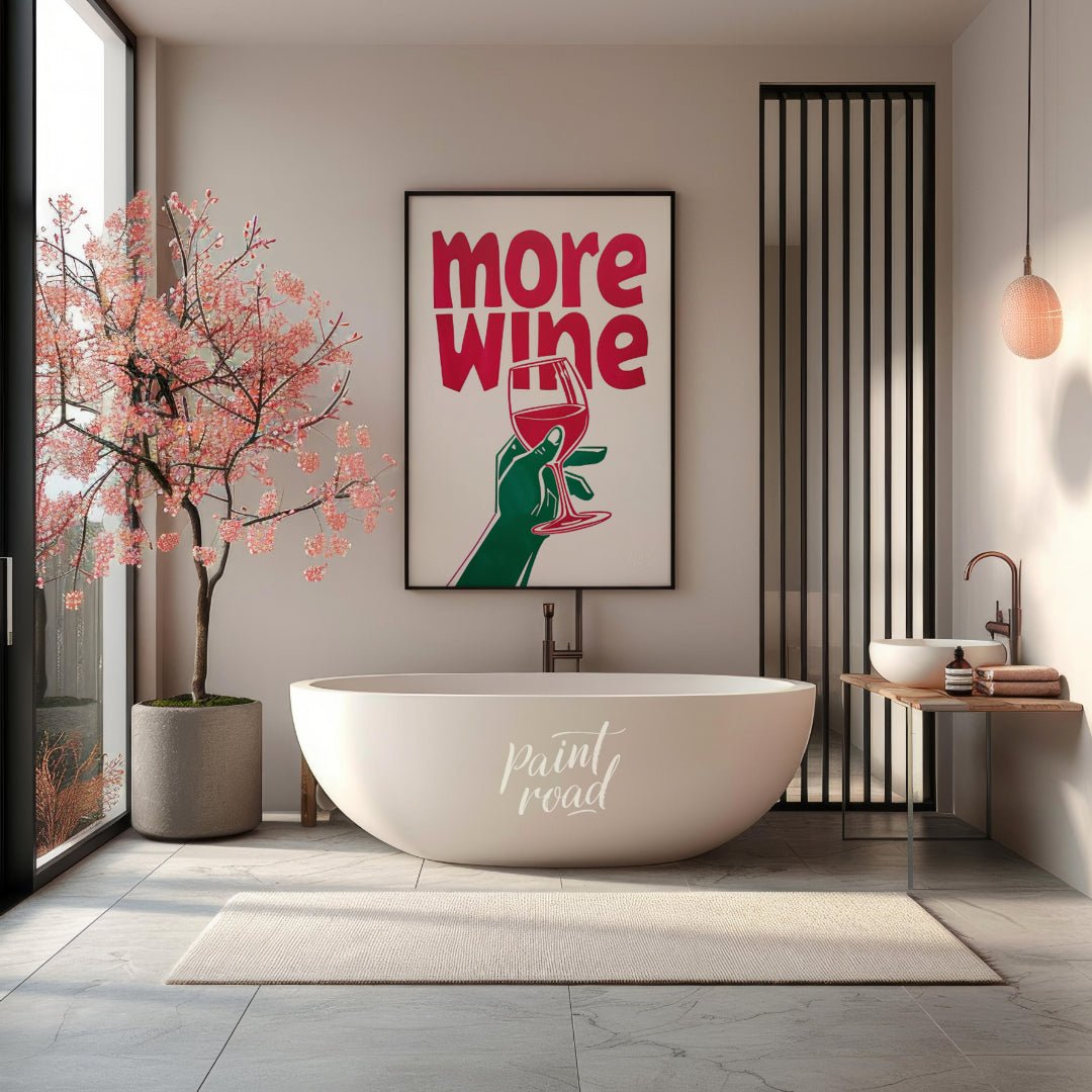 This striking Pop Art graphic features a bold invitation for “more wine”. The phrase “more wine” is… for bathroom
