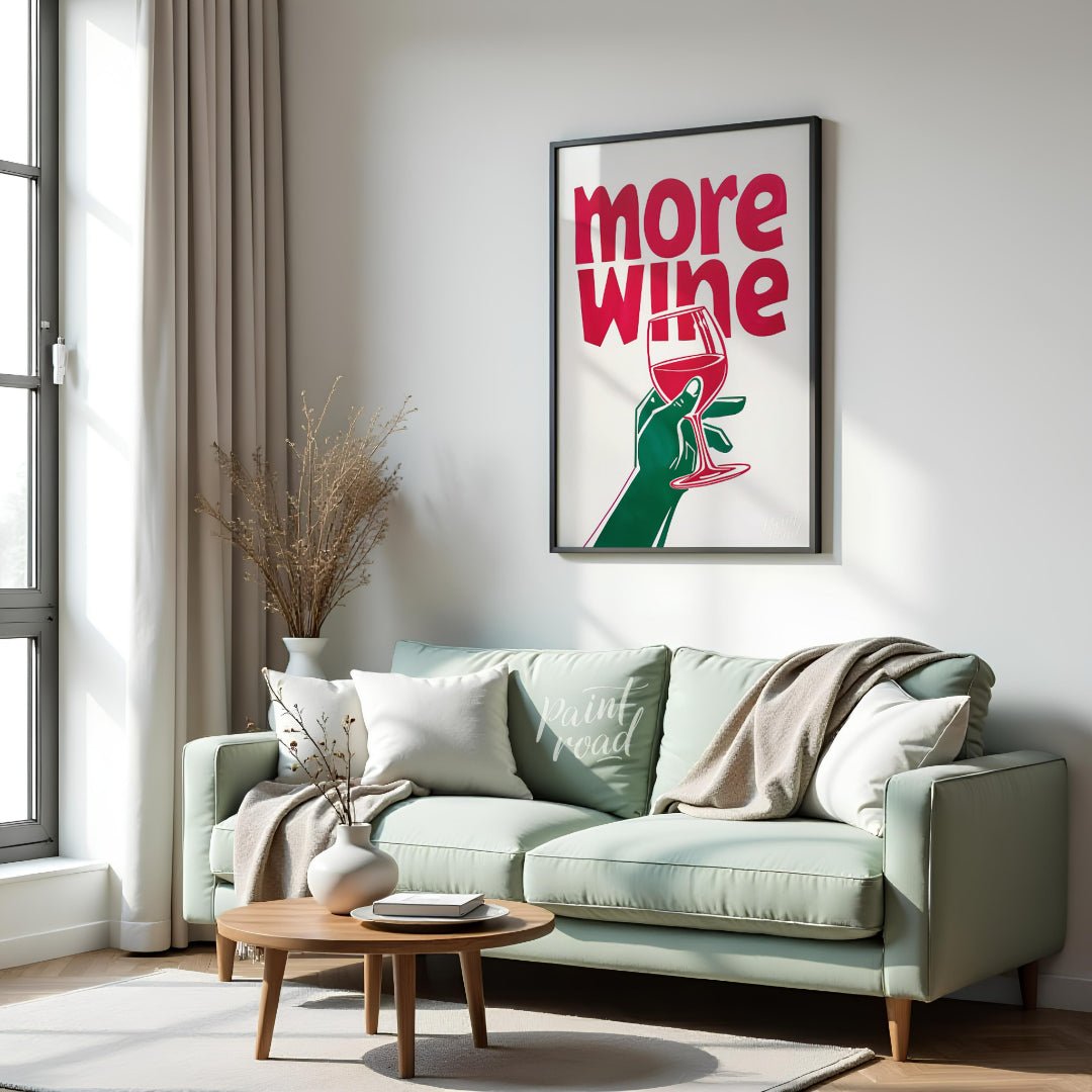 This striking Pop Art graphic features a bold invitation for “more wine”. The phrase “more wine” is… for living room