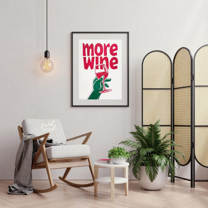 This striking Pop Art graphic features a bold invitation for “more wine”. The phrase “more wine” is… for living room
