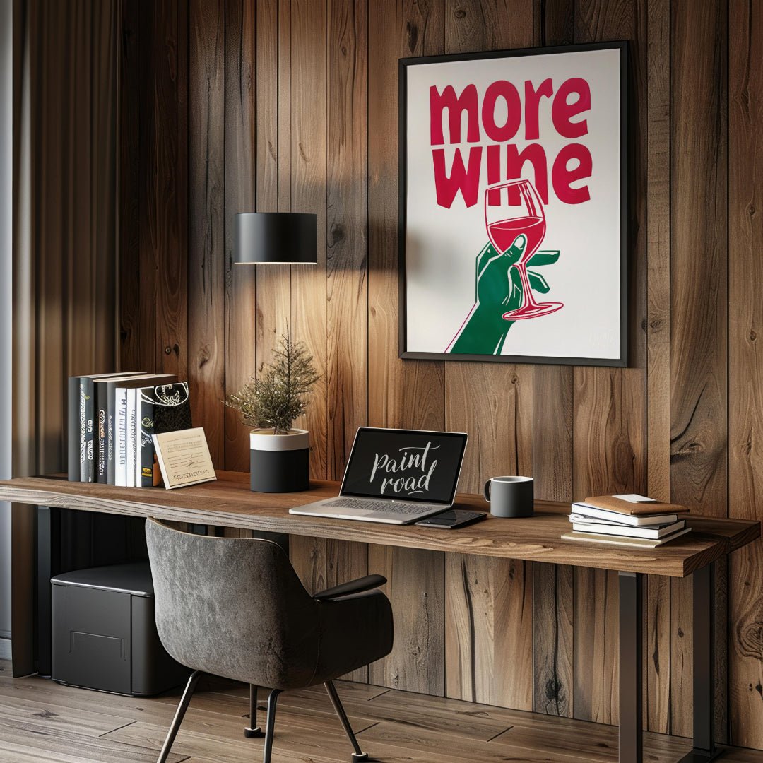 This striking Pop Art graphic features a bold invitation for “more wine”. The phrase “more wine” is… for office