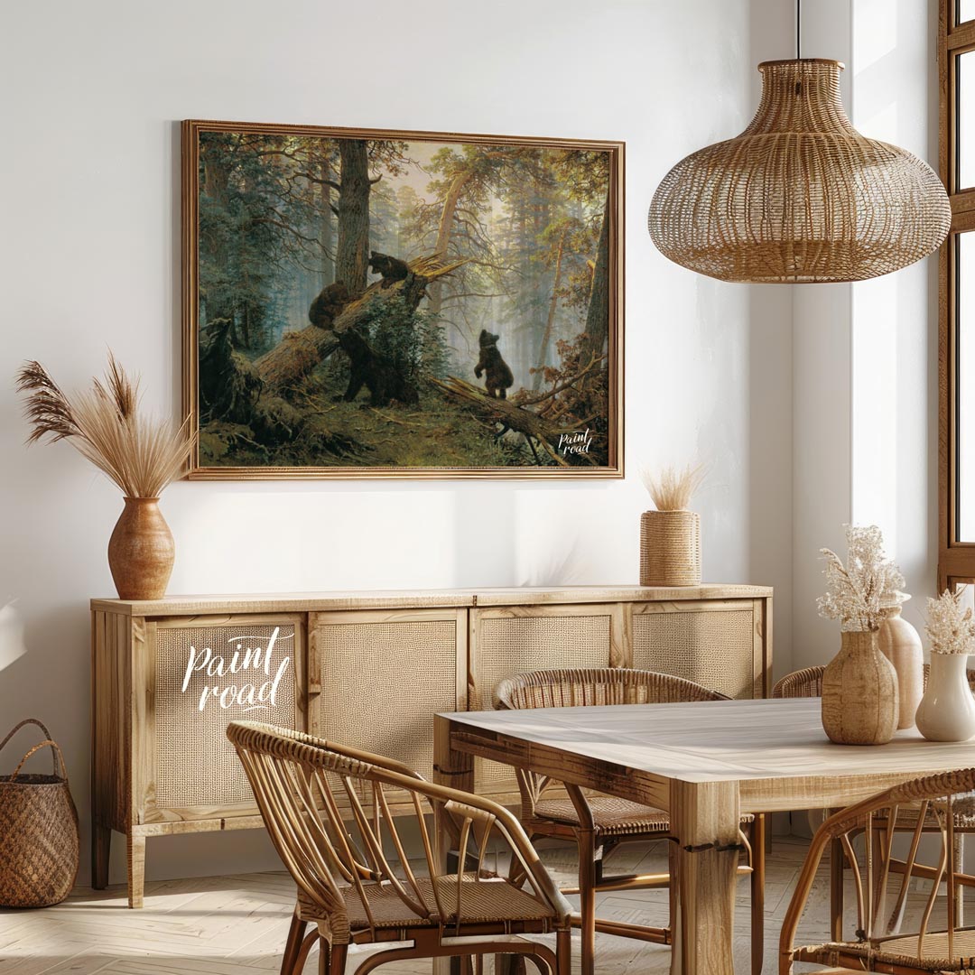 This masterful oil painting, reminiscent of classic Russian landscape art, depicts a dense pine for… for dining room