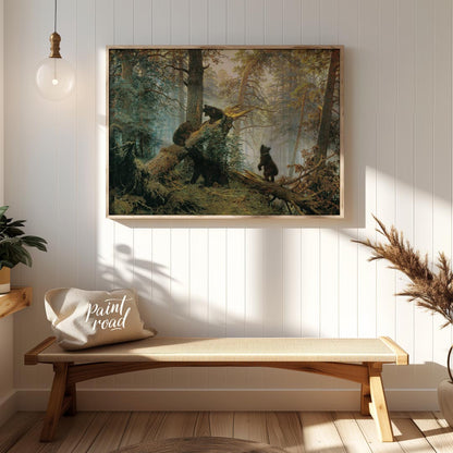 This masterful oil painting, reminiscent of classic Russian landscape art, depicts a dense pine for… for entryway