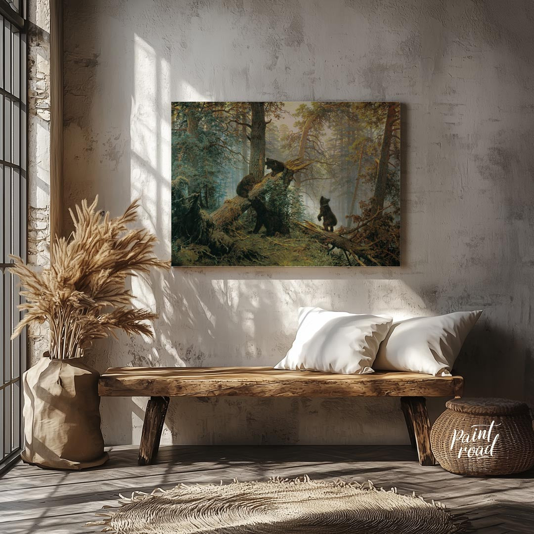 This masterful oil painting, reminiscent of classic Russian landscape art, depicts a dense pine for… for entryway