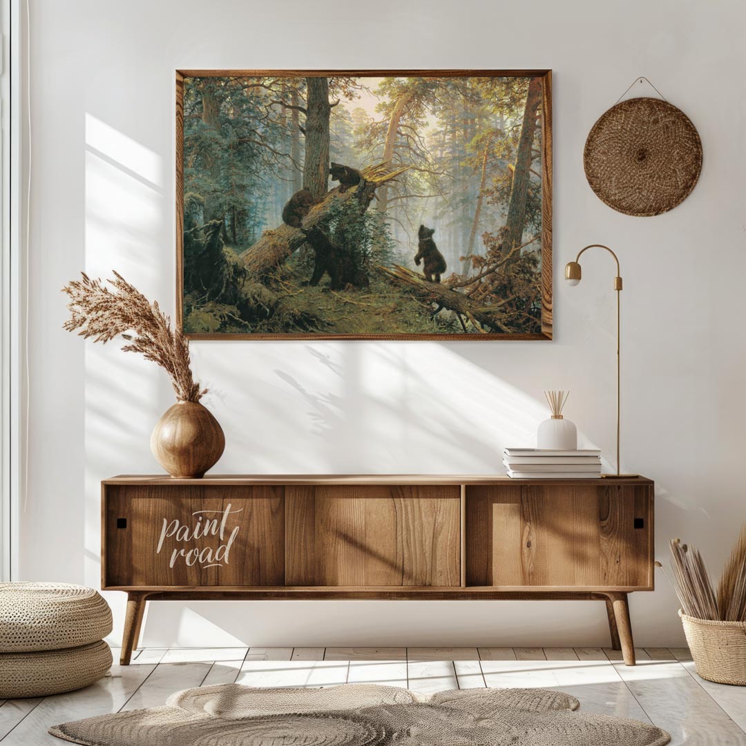 This masterful oil painting, reminiscent of classic Russian landscape art, depicts a dense pine for… for living room