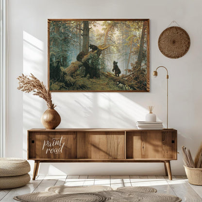 This masterful oil painting, reminiscent of classic Russian landscape art, depicts a dense pine for… for living room