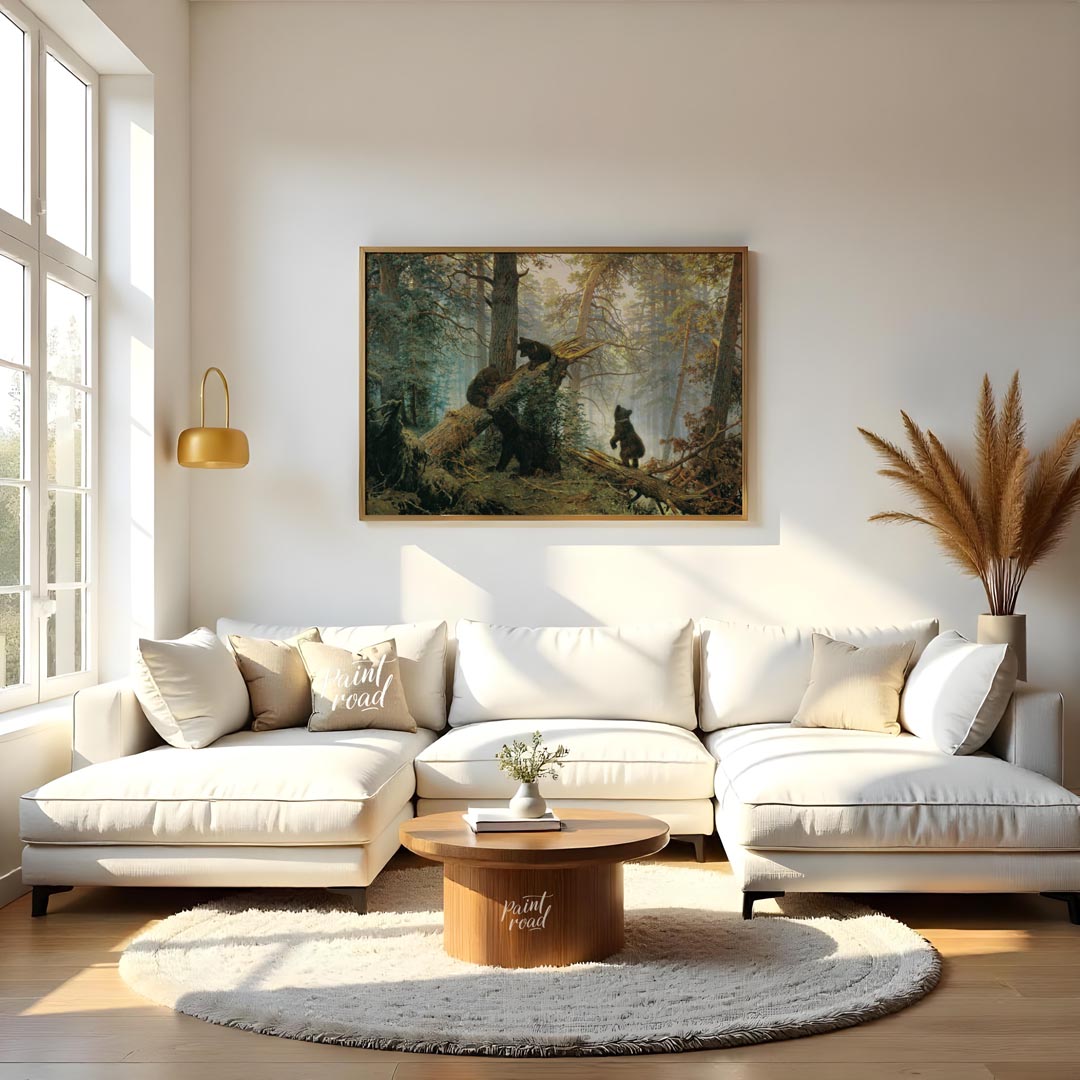 This masterful oil painting, reminiscent of classic Russian landscape art, depicts a dense pine for… for living room