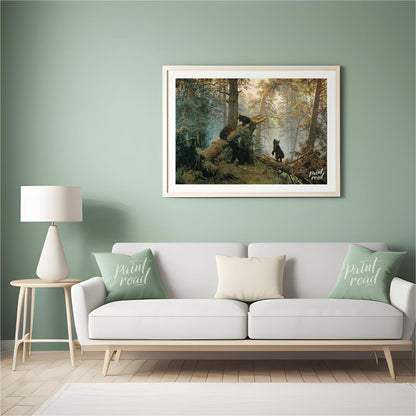This masterful oil painting, reminiscent of classic Russian landscape art, depicts a dense pine for… for living room