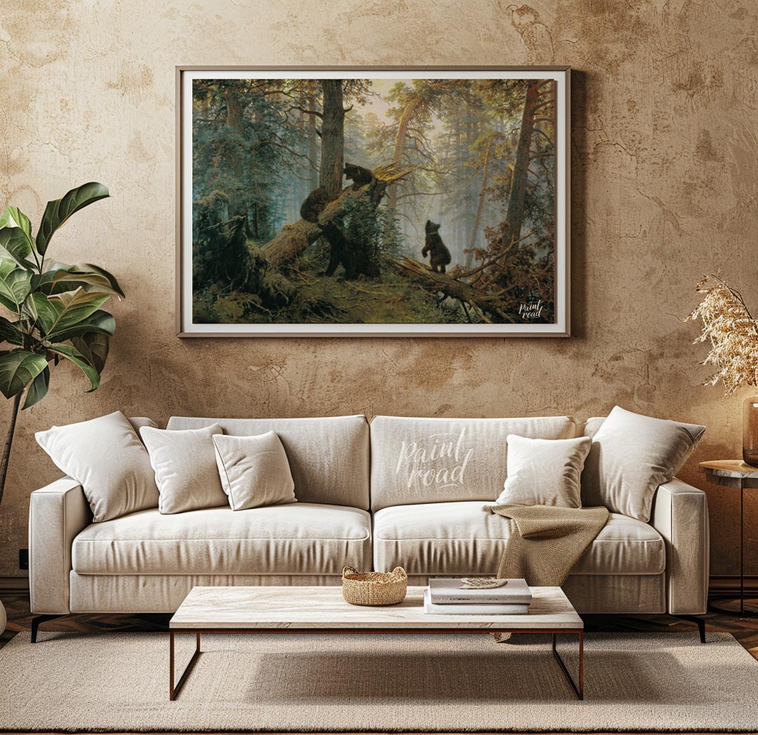 This masterful oil painting, reminiscent of classic Russian landscape art, depicts a dense pine for… for living room