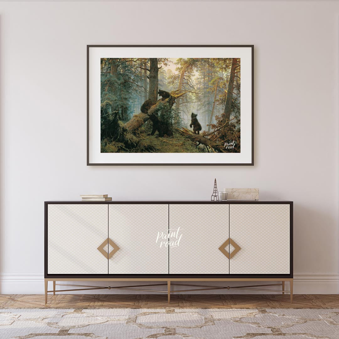 This masterful oil painting, reminiscent of classic Russian landscape art, depicts a dense pine for… for living room
