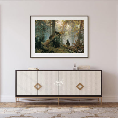 This masterful oil painting, reminiscent of classic Russian landscape art, depicts a dense pine for… for living room